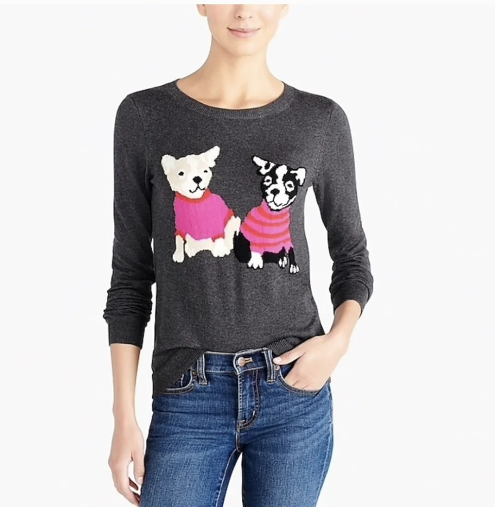 J Crew Mercantile Womens Sweater Gray Crewneck French Bulldog Teddie Dog Size XS